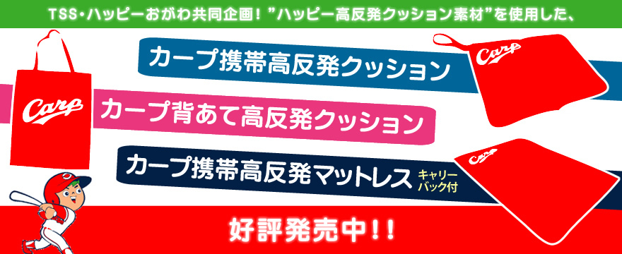 TSS・ハッピーおがわ共同企画! ハッピー高反発クッション素材を使用した、カープ携帯高反発クッション/カープ背あて高反発クッション/カープ携帯高反発マットレス(キャリーバック付) 好評発売中!!