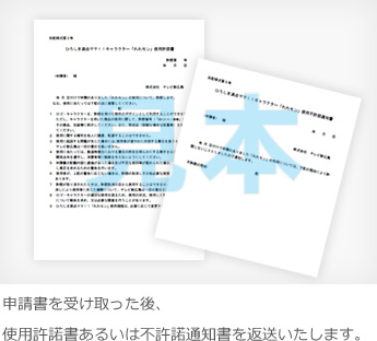 申請書を受け取った後、使用許諾書あるいは不許諾通知書を返送いたします。